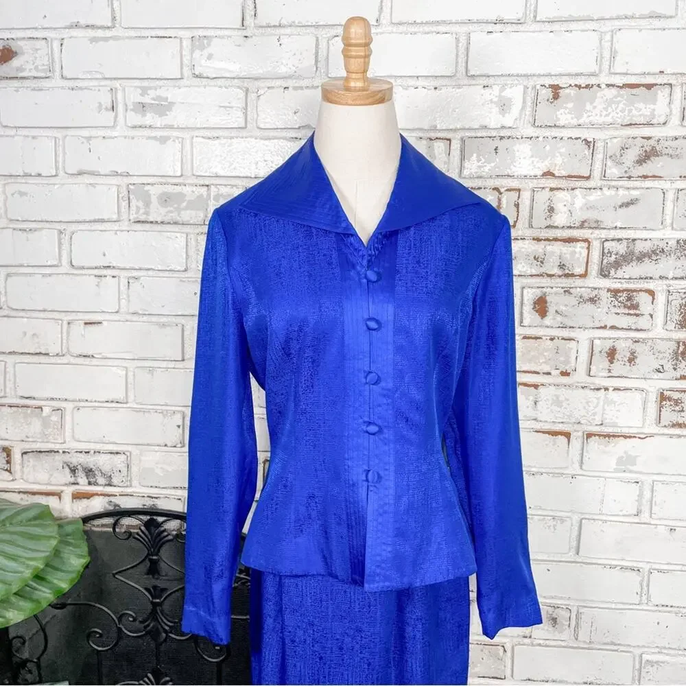 Vintage 90s Adrianna Papell Cobalt Blue Silk Two Piece Skirt Suit Set 6